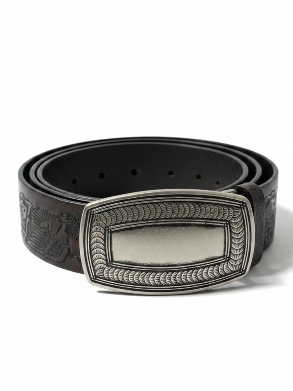 TOOLED Leather Eagle Belt Brown Pewter Buckle Men's Sz XL USA Americana Western